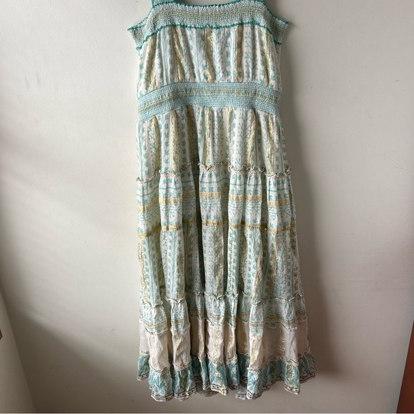 Soft Surroundings Aegean Tiered Boho Maxi Dress Metallic Gold Aqua Blue Cream M - Picture 9 of 11